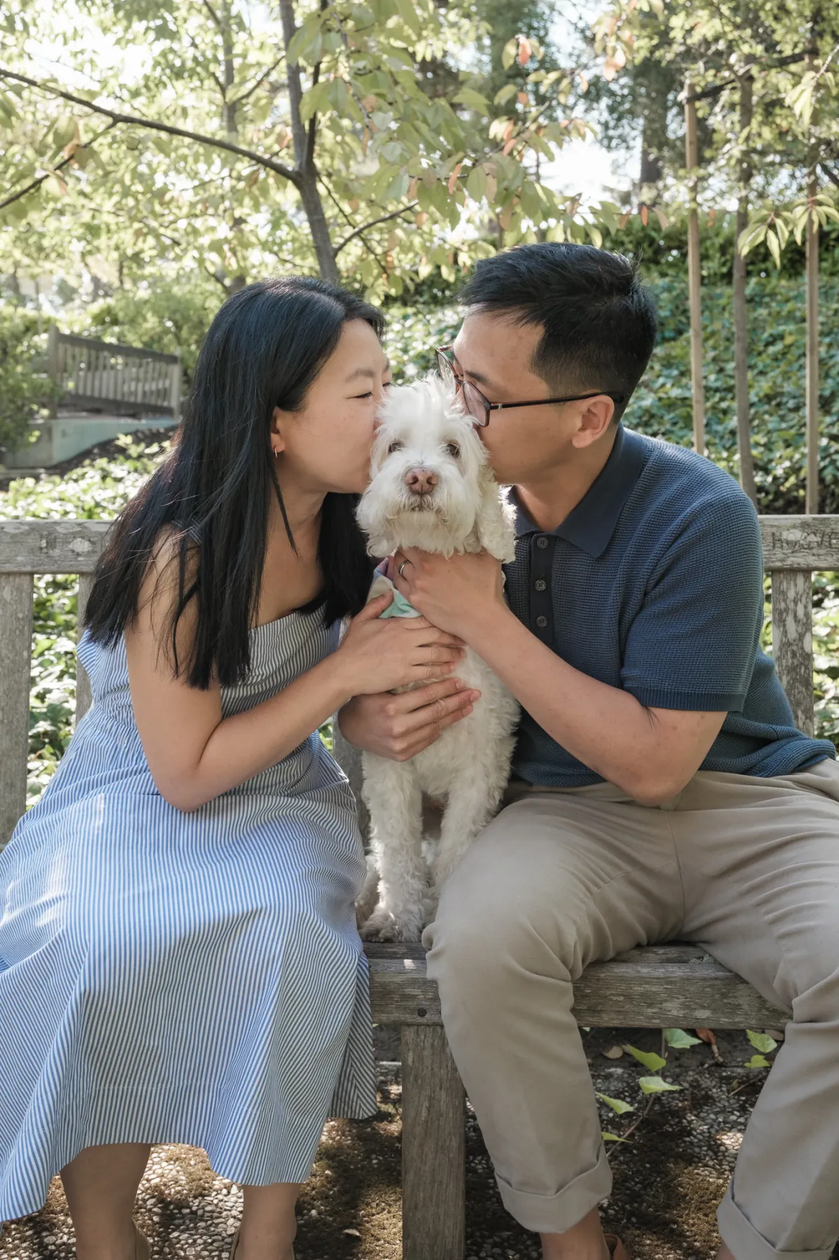 Mom and Dad kissing their dog on a bench at Piedmont Park, Piedmont CA