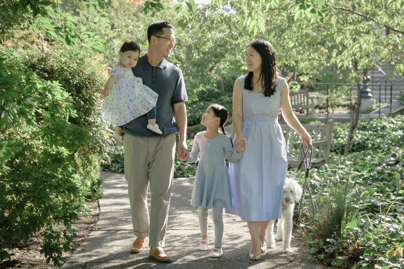 Lin family photos on the tree-lined path, Piedmont Park, Piedmont CA