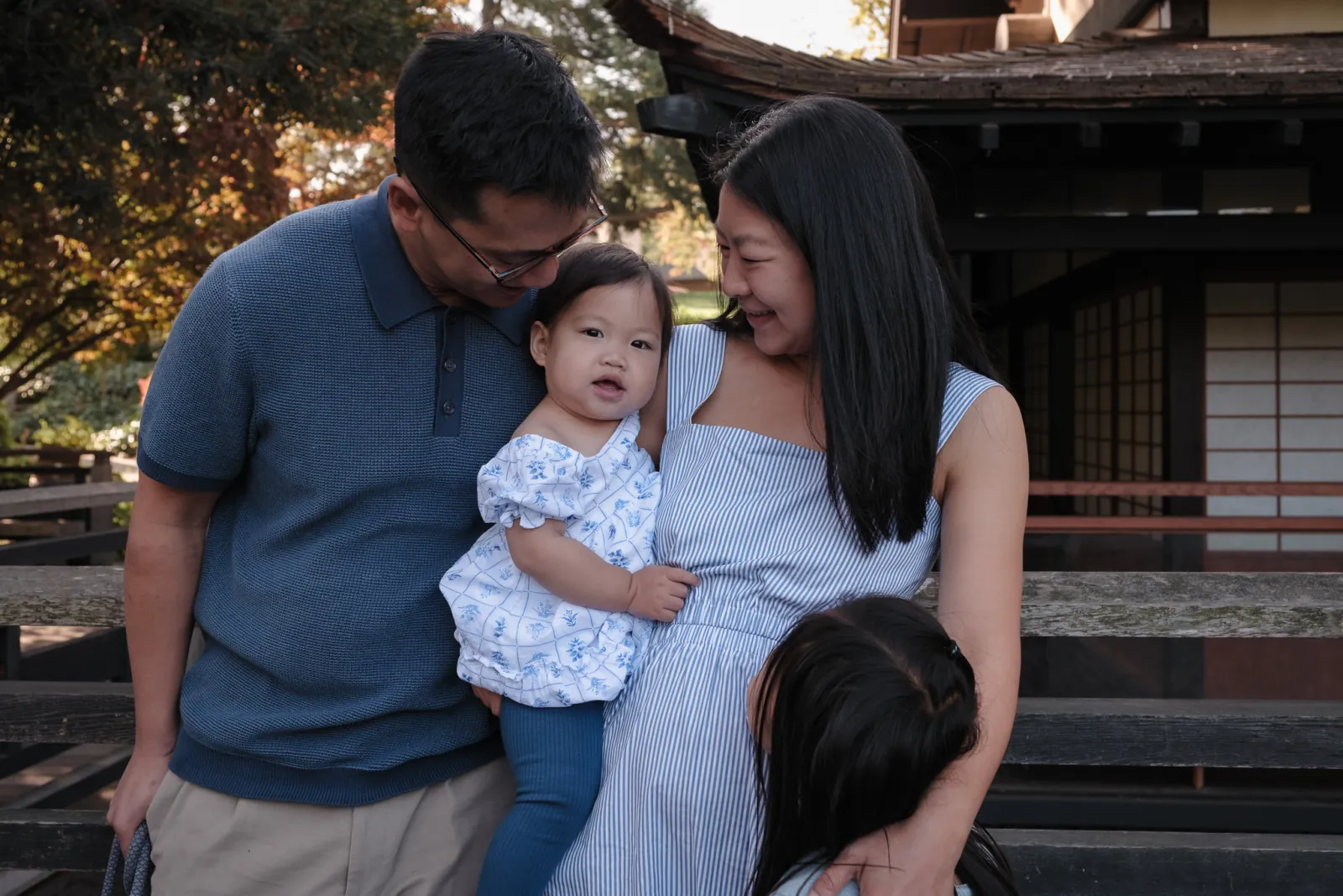 Lin family photos beside the Japanese tea house in the tea garden, Piedmont Park, Piedmont CA