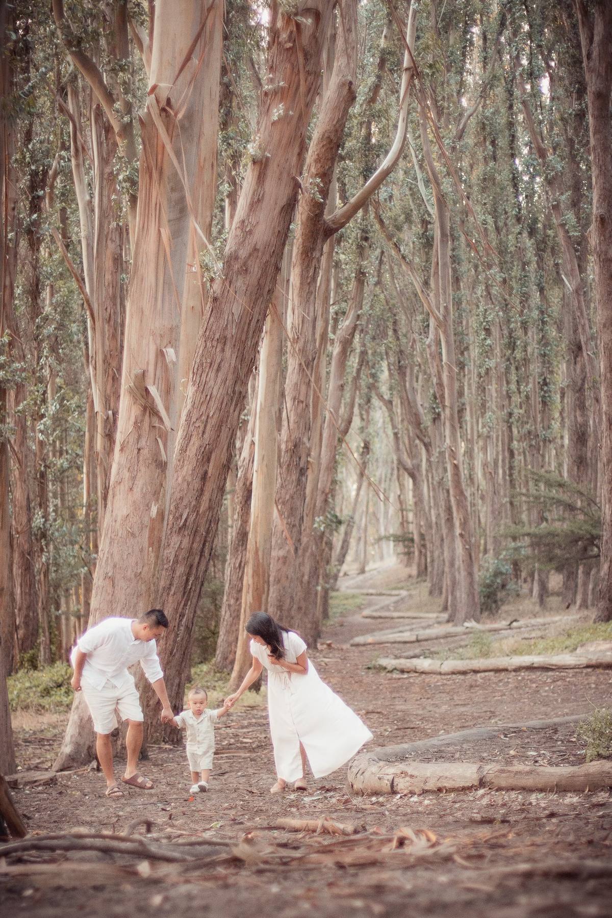 Parents walking their toddler hand in hand along Andy Goldsworthy's Wood Line in the Presidio