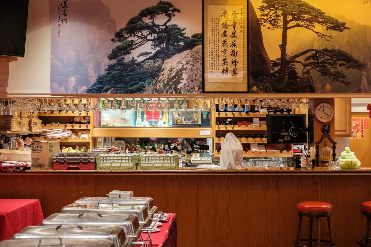 Bakery counter and chafing dishes inside the Far East Cafe