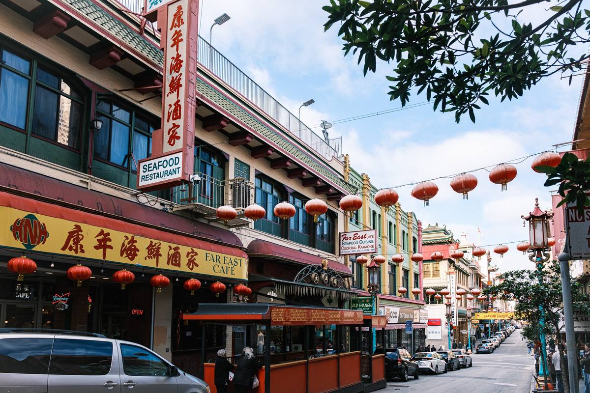 Red lanterns strung across Grant Avenue outside the Far East Cafe in Chinatown