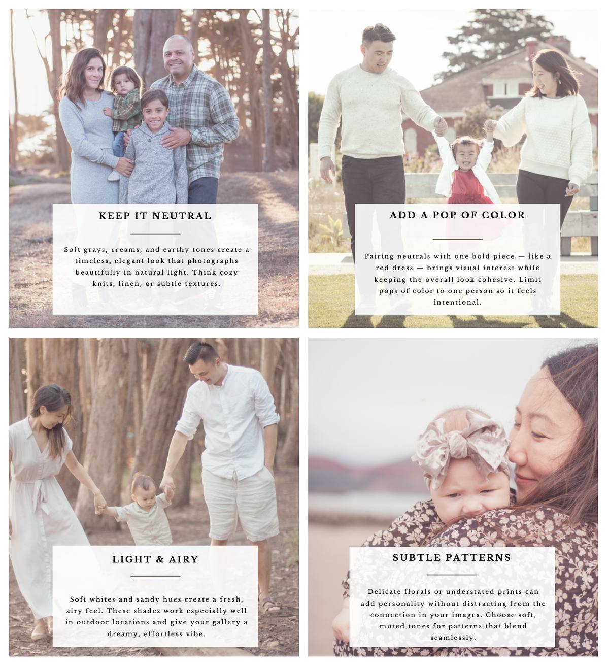 Four-panel outfit guide showing families in neutral tones, a pop of color, light and airy outfits, and subtle patterns