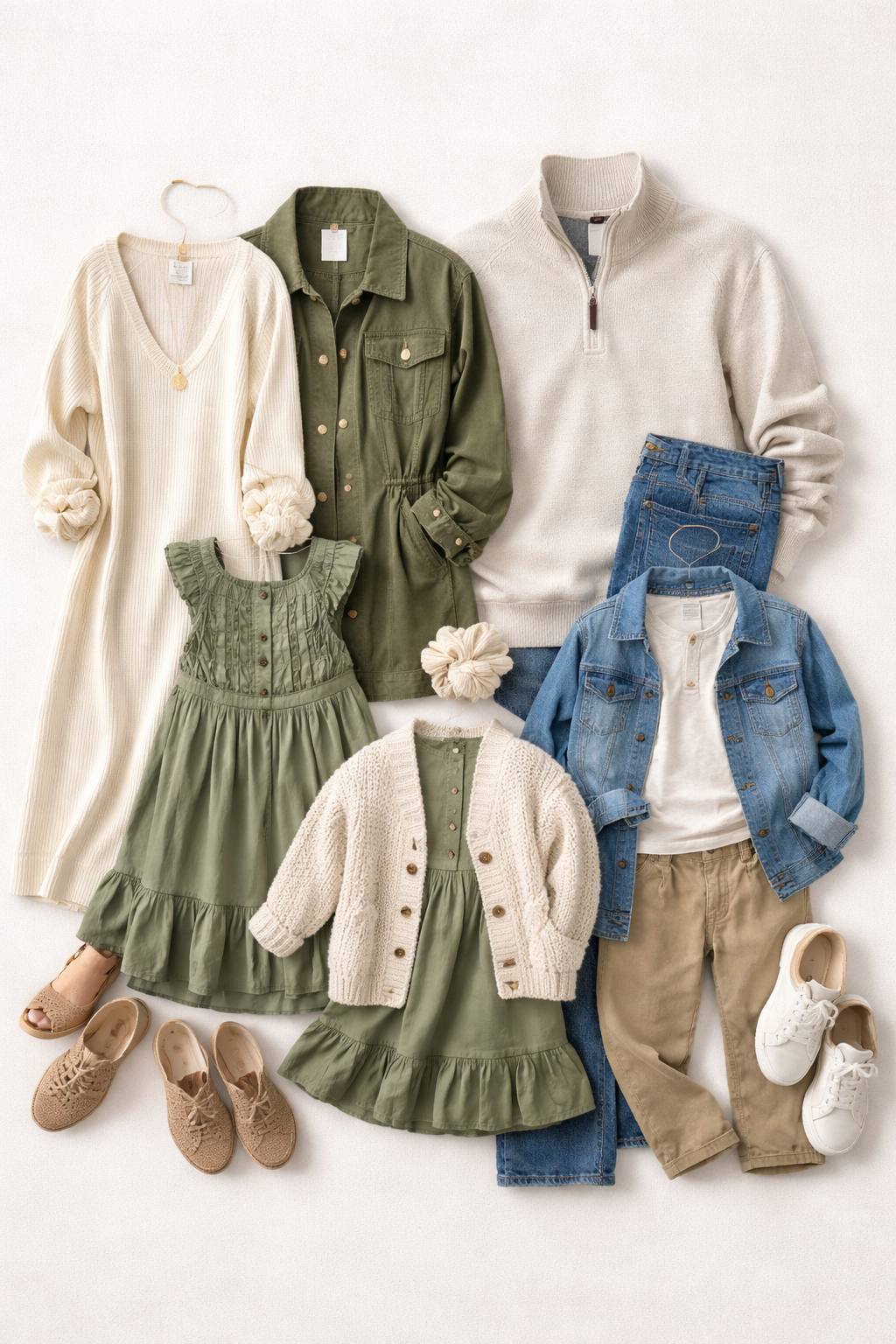 Flat lay of coordinated family outfits in cream, olive, and denim with knit layers and neutral shoes