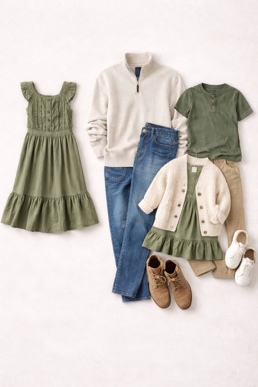 Flat lay of an olive dress as the anchor outfit beside cream, denim, and olive pieces built around it