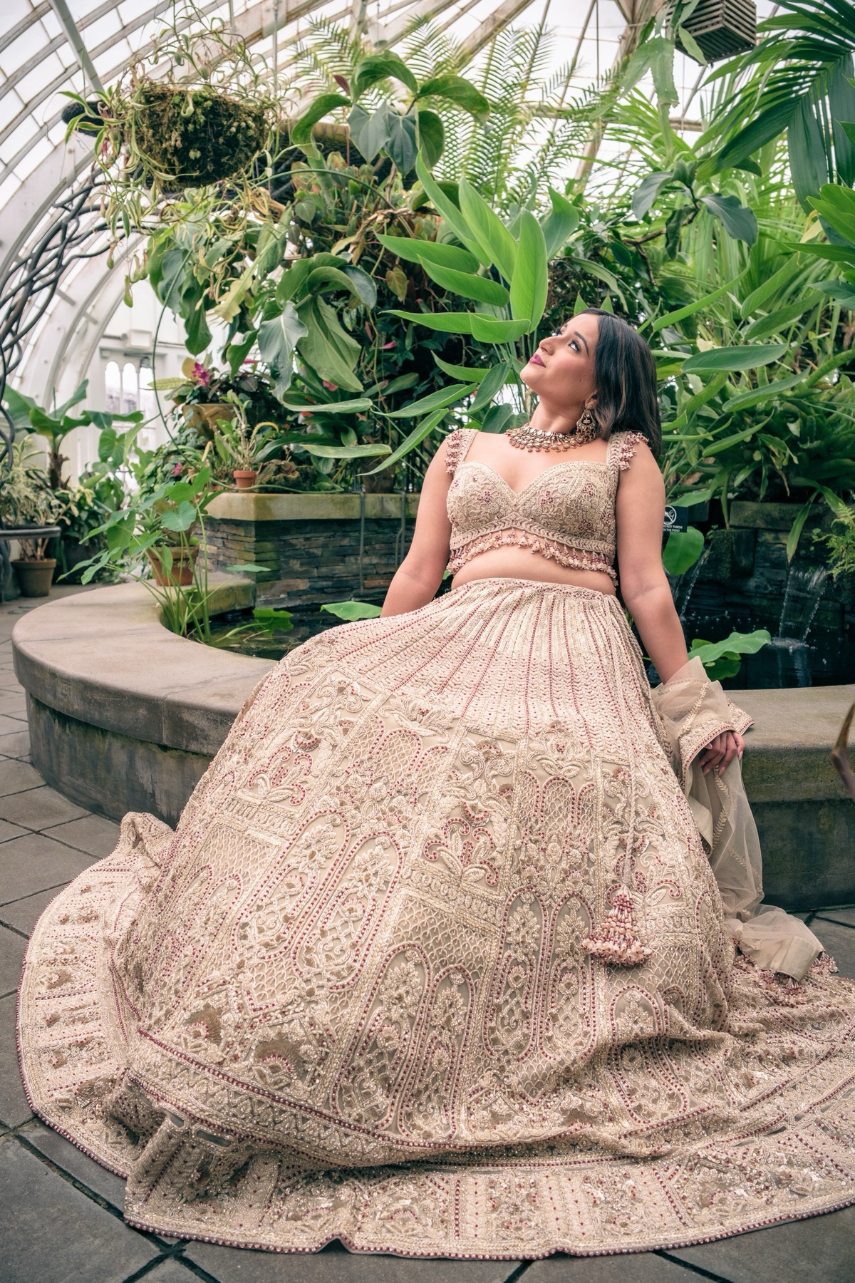 Indian bride in a beaded lehenga inside the Conservatory of Flowers, San Francisco wedding photography by Matt Dea