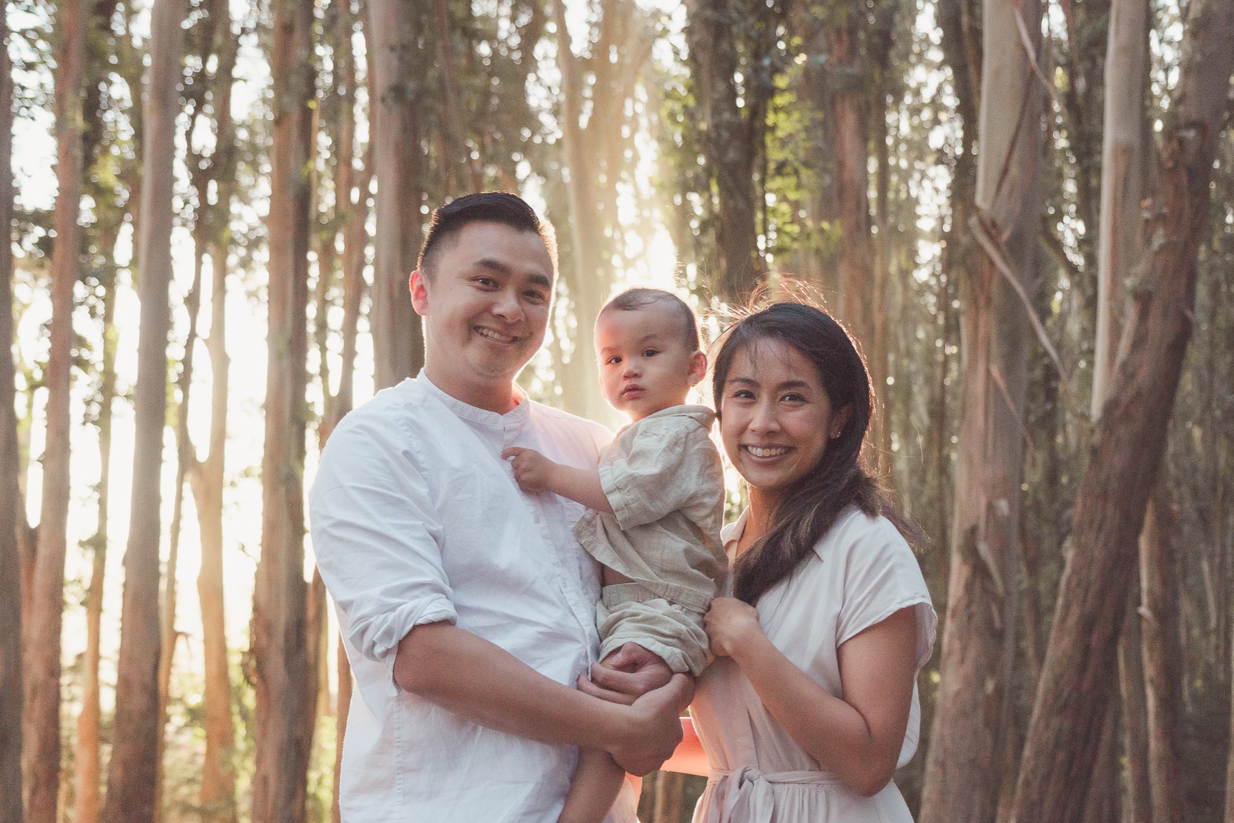 The Joe Family backlit among the eucalyptus trees at Lover’s Lane in the Presidio — family photography by Matt Dea