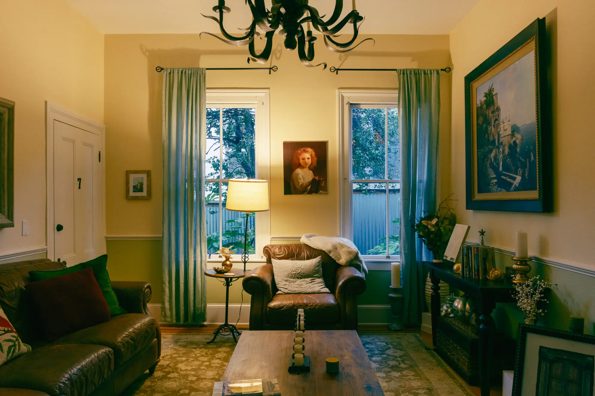 The inn's sitting room in the evening