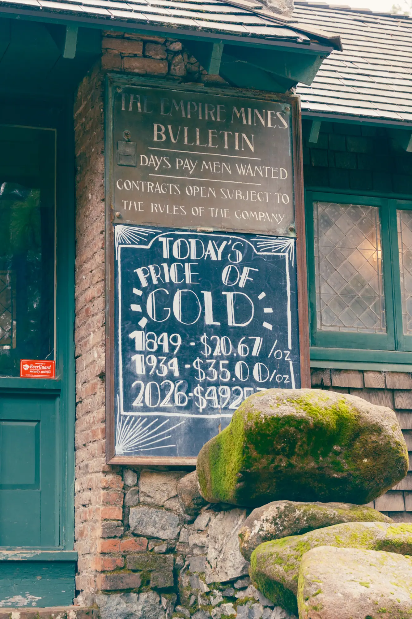 The Empire Mine bulletin board with the day's price of gold