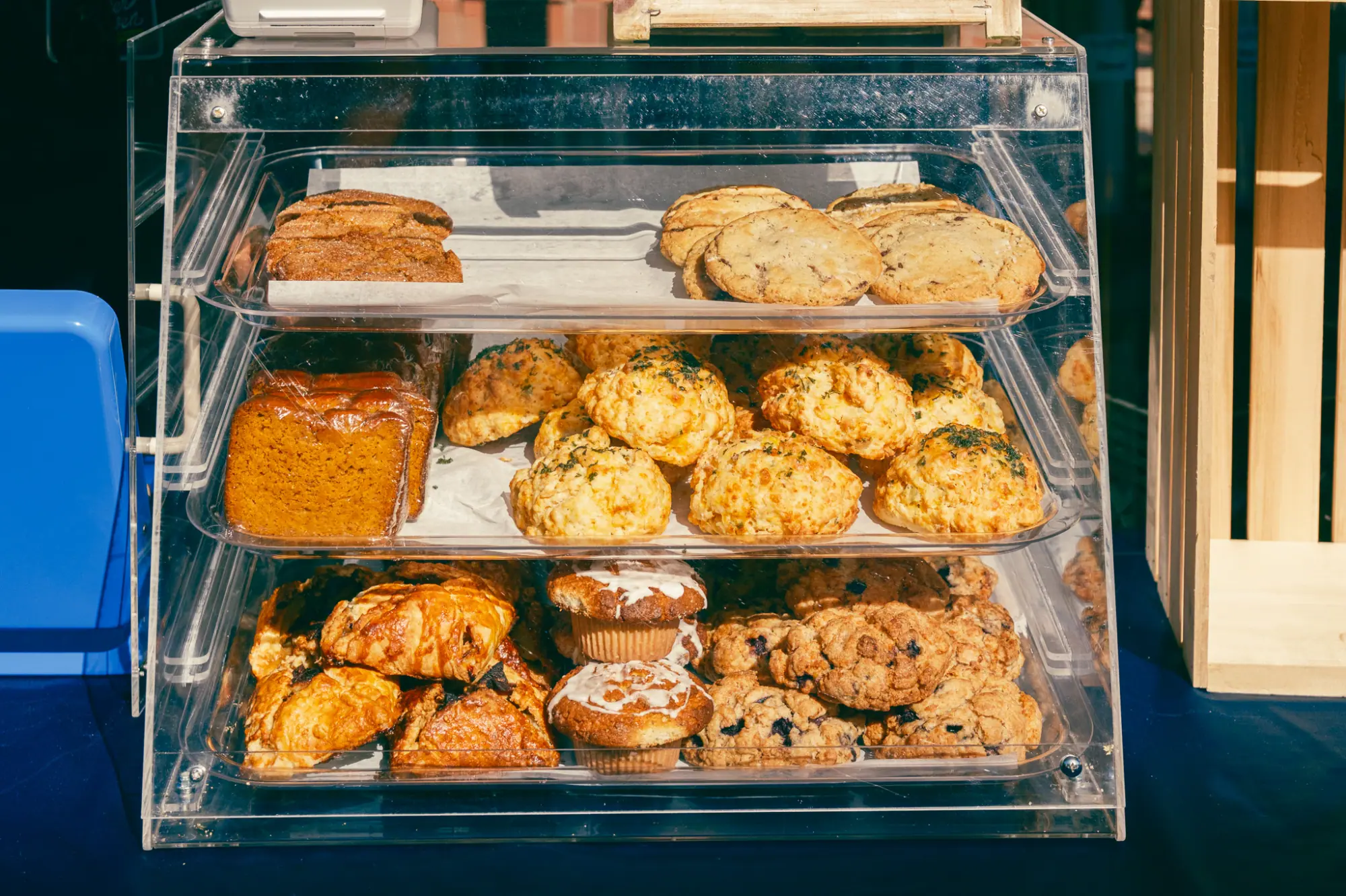 A case of baked goods