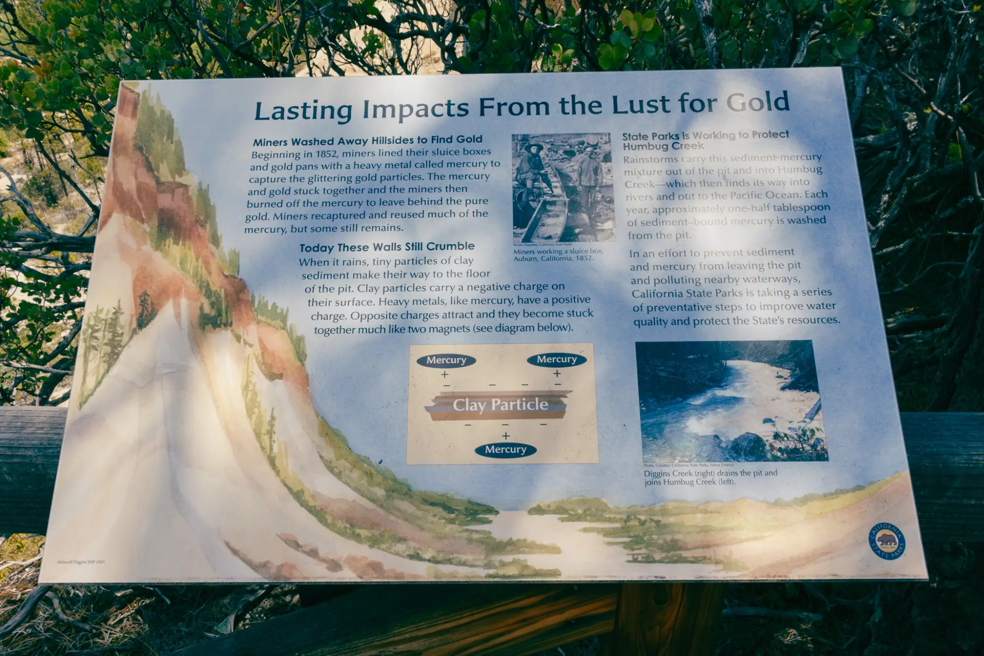 An interpretive sign about the lasting impacts of gold mining