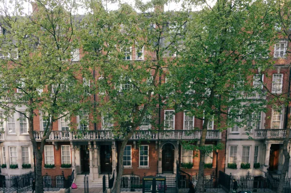 Red-brick Victorian terrace behind trees