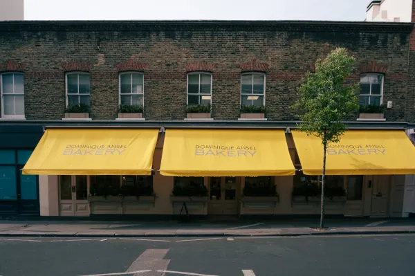Bakery frontage with yellow awnings