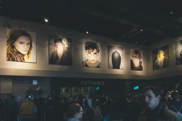 Entrance hall with character portraits and queue