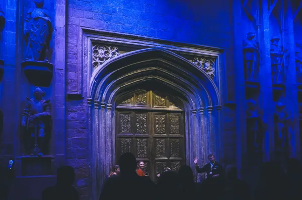 Great Hall doors lit blue