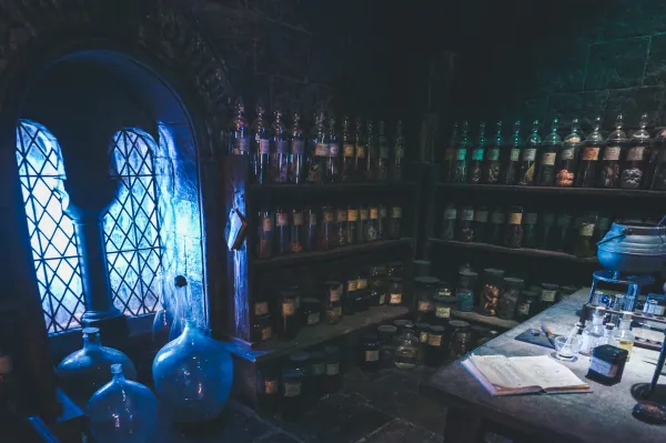 Potions classroom shelves and window