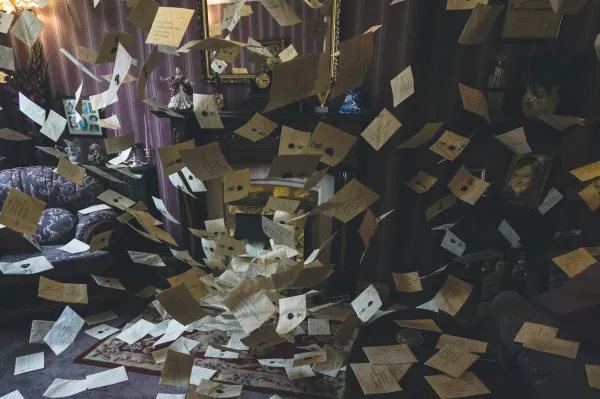 Hogwarts letters flying in the Dursleys' room