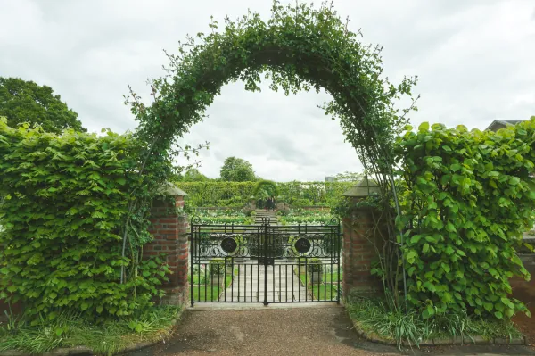Arched hedge tunnel with iron gate