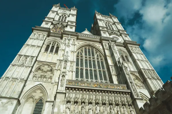 West front towers against deep blue sky