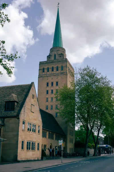 Nuffield's tower with green copper spire