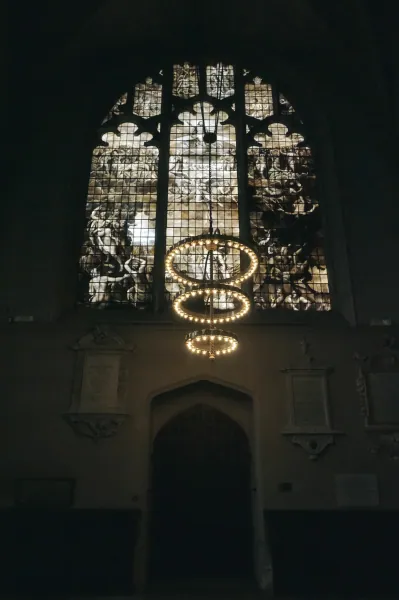 Stained-glass window with chandelier