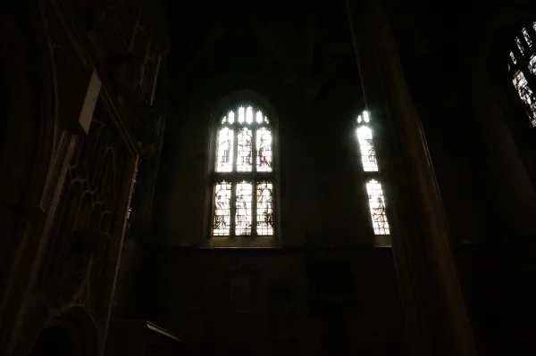 Dim window in a stone interior
