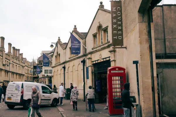Covered Market entrance and red phone box