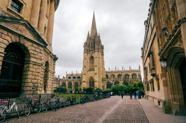 Cobbled square toward St Mary's spire