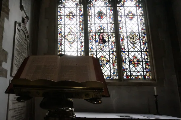 Lectern Bible under stained glass