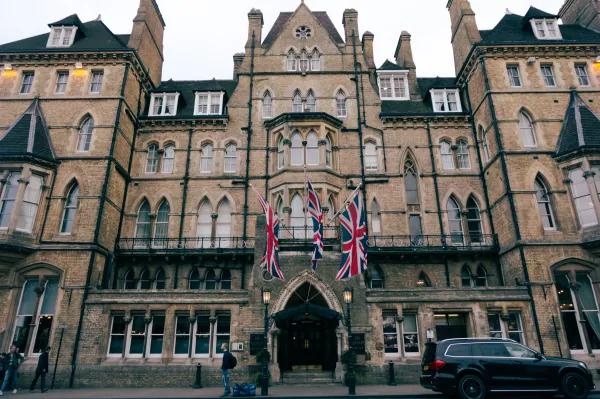 Gothic hotel facade with Union Jacks