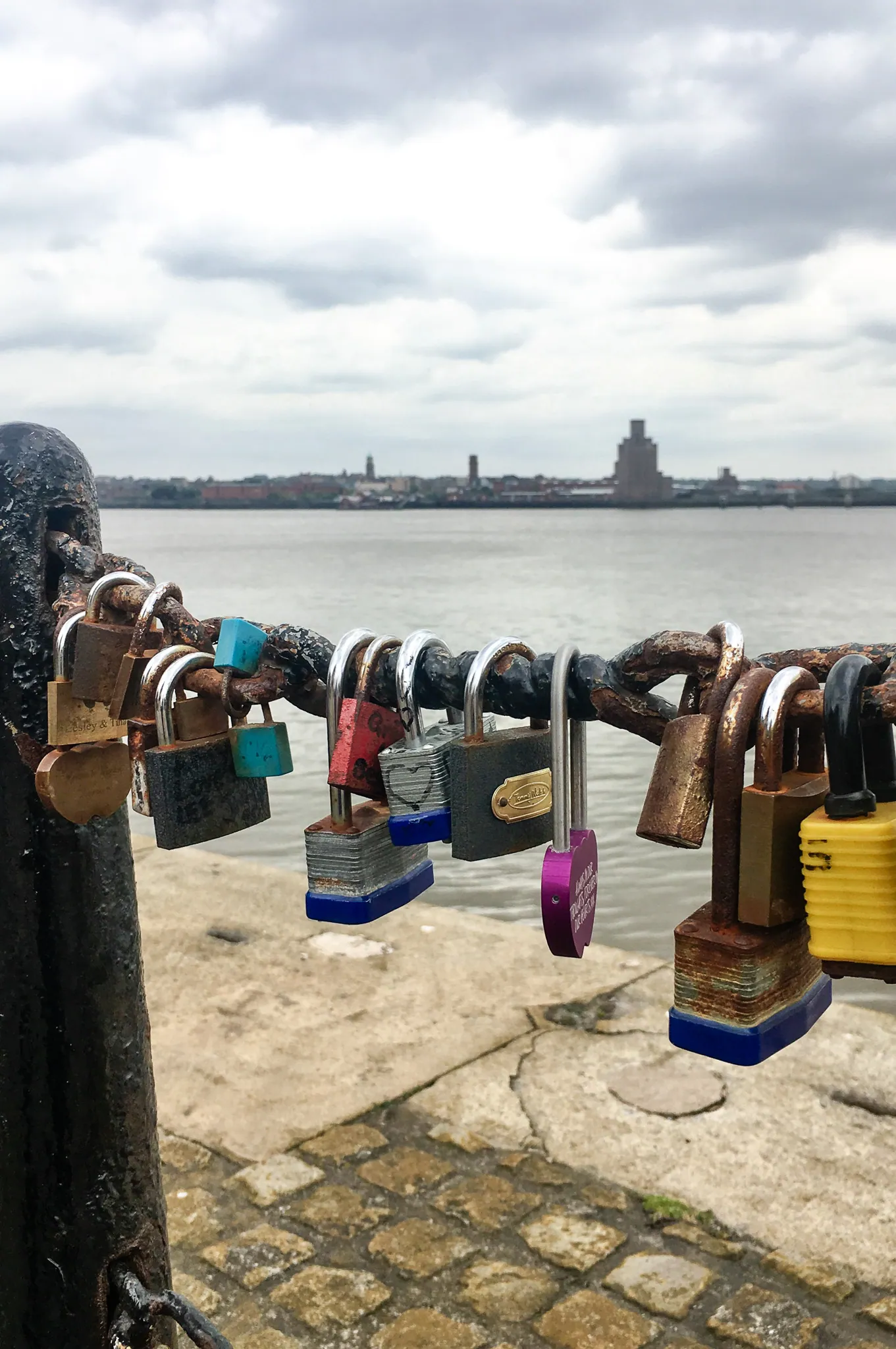 Love locks on chains, Birkenhead across the river