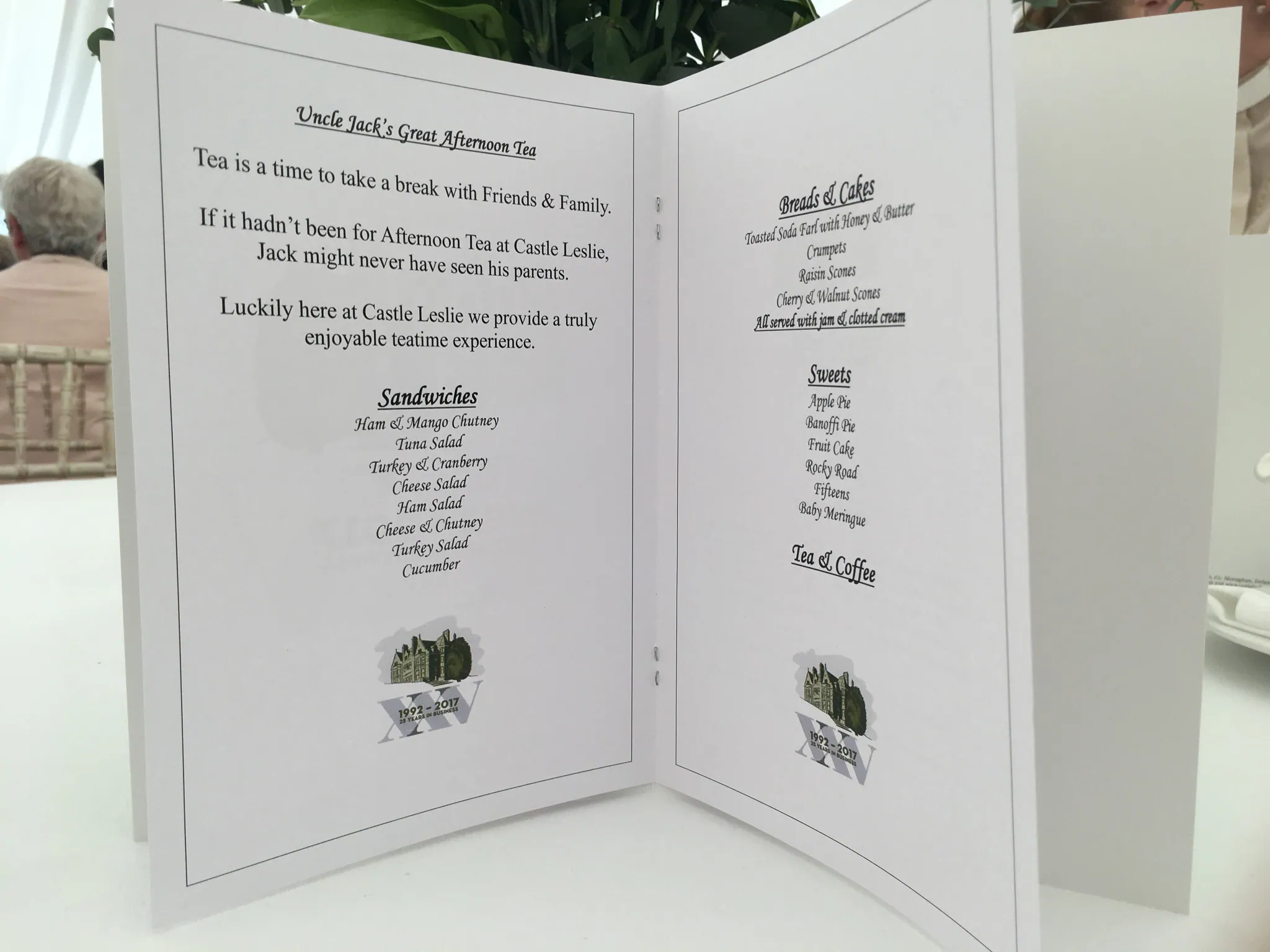 "Uncle Jack's Great Afternoon Tea" menu
