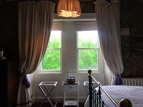 Bedroom window with brass bed