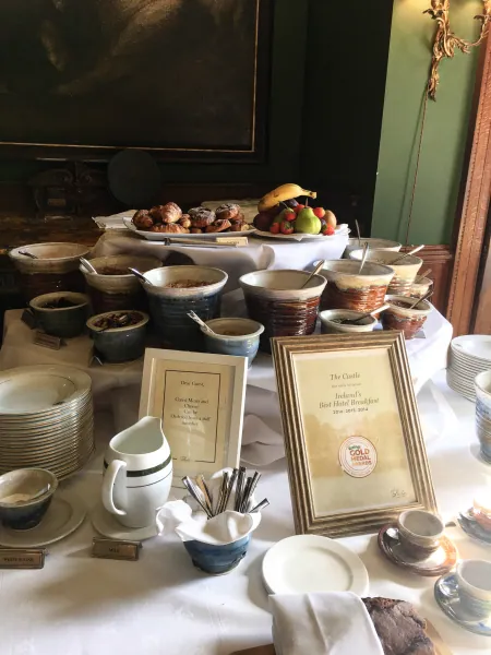 Breakfast buffet with pottery bowls