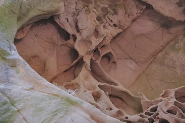 A wide cavity edged with lacy sandstone ridges